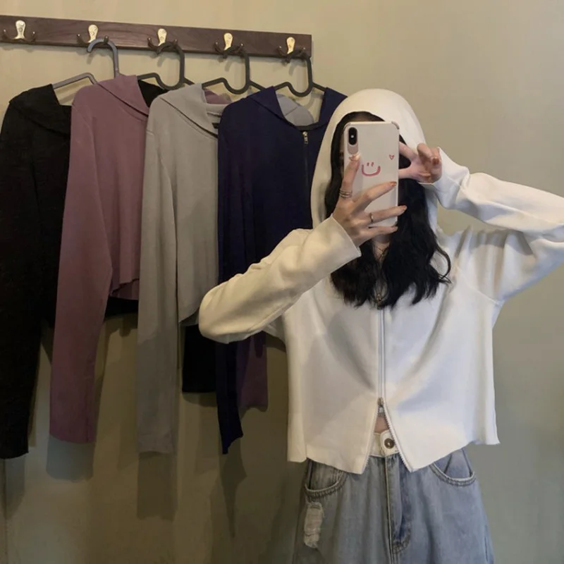 

Kimotimo Double Zipper Hooded Knit Cardigan Women 2021 Fall Fashion Long Sleeve Cropped Sweater Korean Casual All-match Clothes