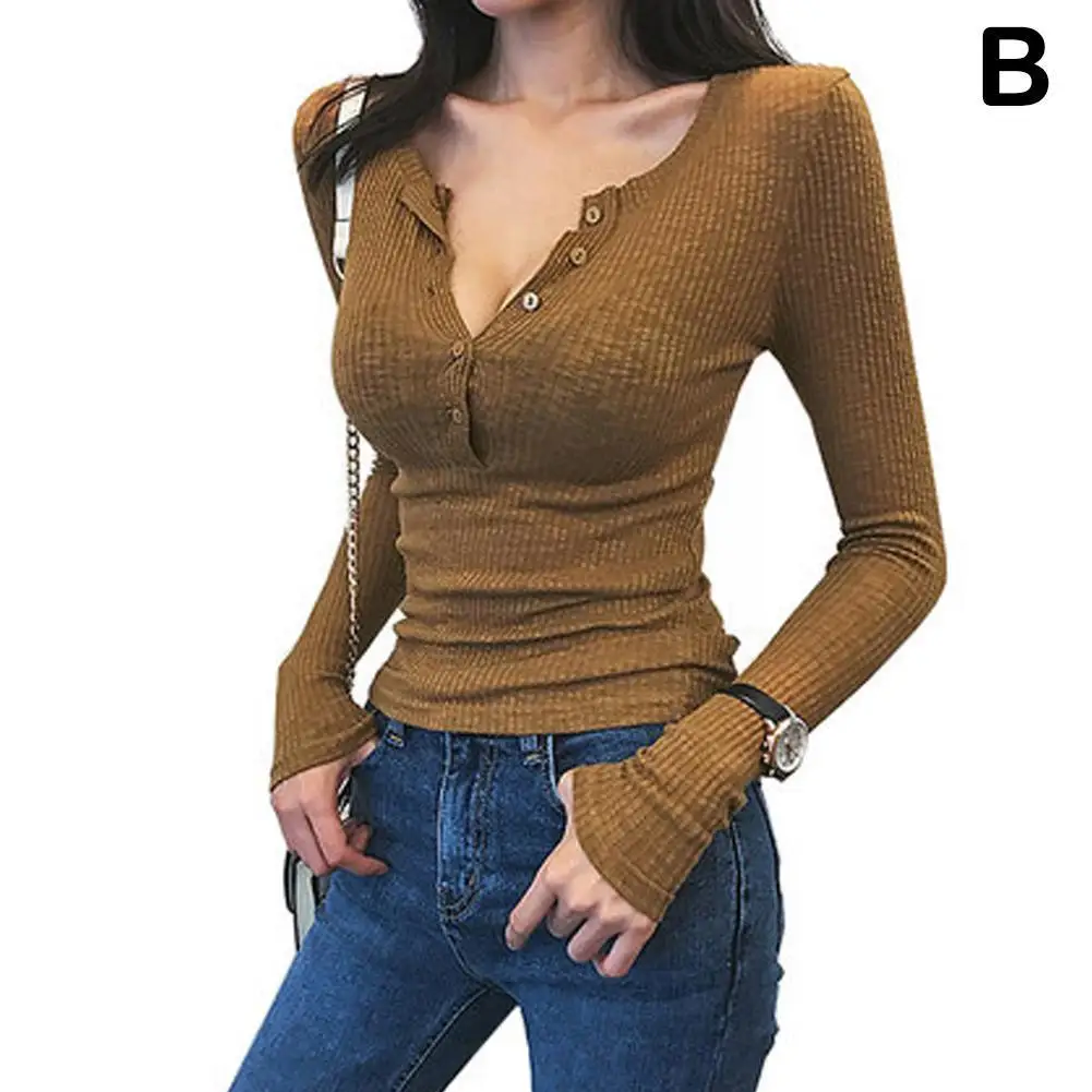 Женская трикотажная футболка с V-образным вырезом длинным рукавом | одежда