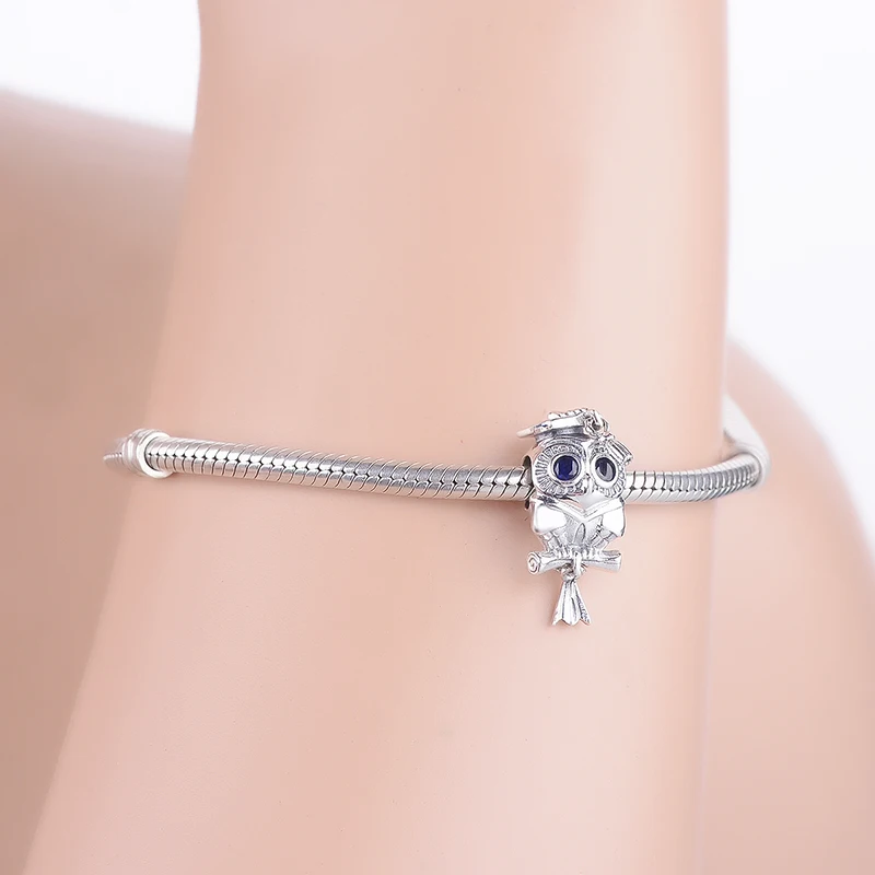 925 серебро сова синий циркониевый глаз Книга Прокрутки Выпускной шарик подходит