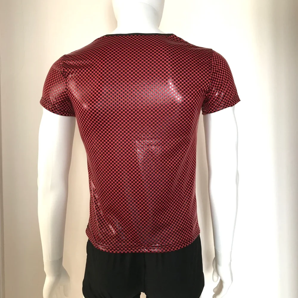 Латексные мужские сексуальные футболки в клетку из искусственной кожи майки