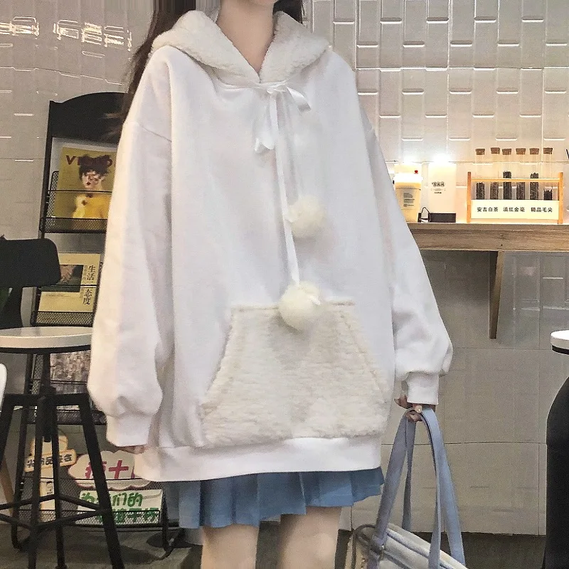 

Sweet Kawaii Lamb Wool Patchwork Hooded Cute Ribbons Ears Long-Sleeved Sweatershirt Original Soft Girly Aesthetic Loose Costume