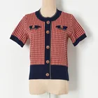 Короткий жакет с круглым вырезом, Женский вязаный Топ в полоску, с пуговицами со стразами, кардиган с коротким рукавом, Свободный кардиган в красную клетку, новинка 2021