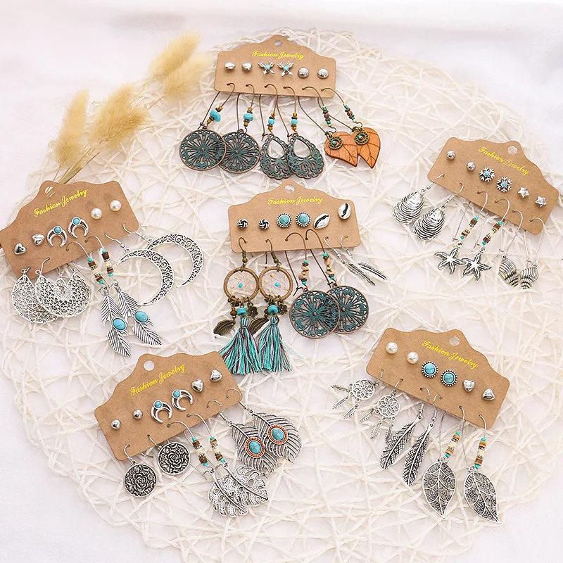 

Wholesale Fashion Earrings Suit India Vintage Long Tassel Leaf Feather Ethnic Style