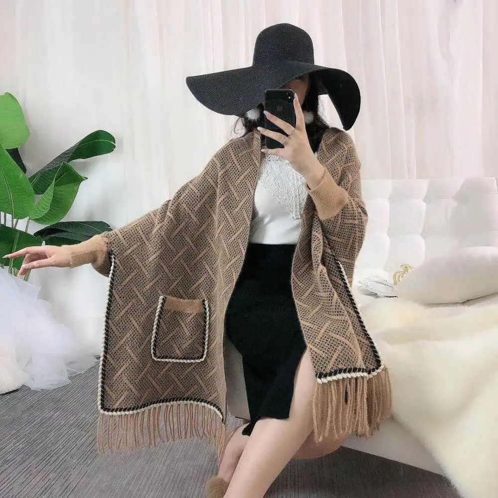 2020  Black White Winter Faux Cashmere Knitted Houndstooth Poncho Women Female Batwing Sleeves Wrap Tassel Cardigan With Pocket