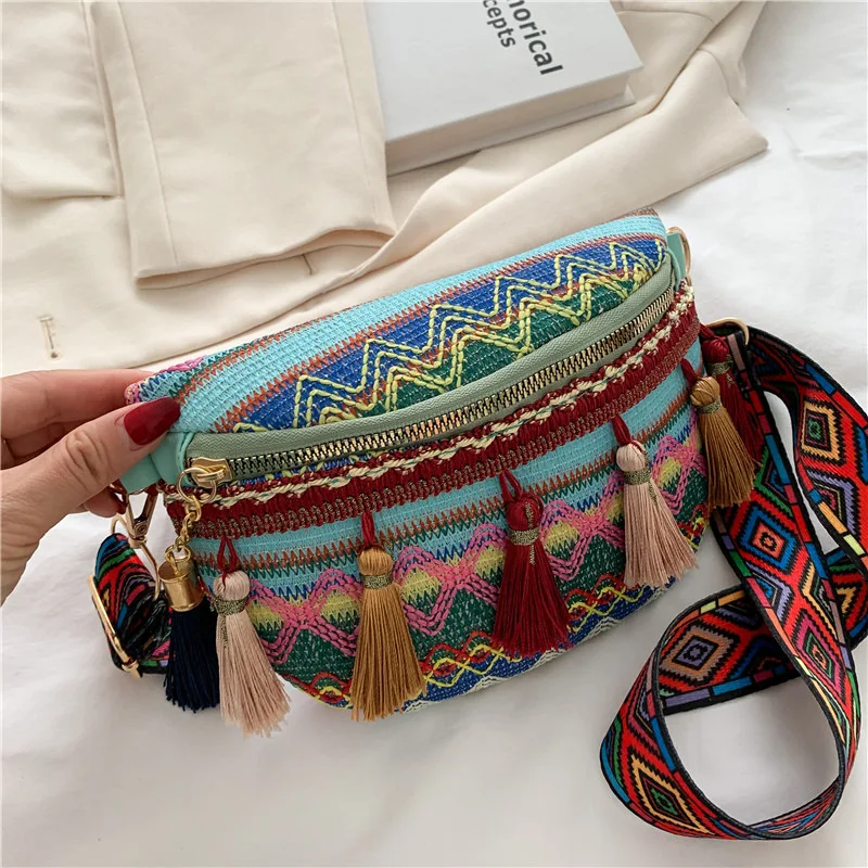 New Ethnic Style Lady Saddle Bag Retro Tassel Small Bag Fashion Wide Shoulder Strap Chest Bag Large Capacity Casual Female Bag