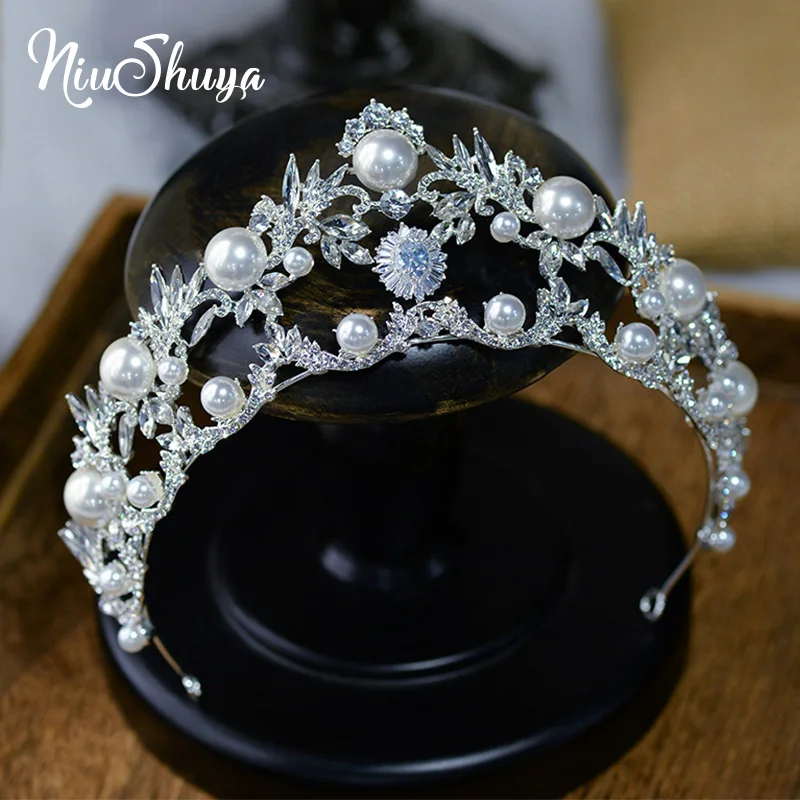 NiuShuya Wedding Headdress Crown Hair Accessories Rhinestone Pearl Alloy Bridal Hairwear Accessories
