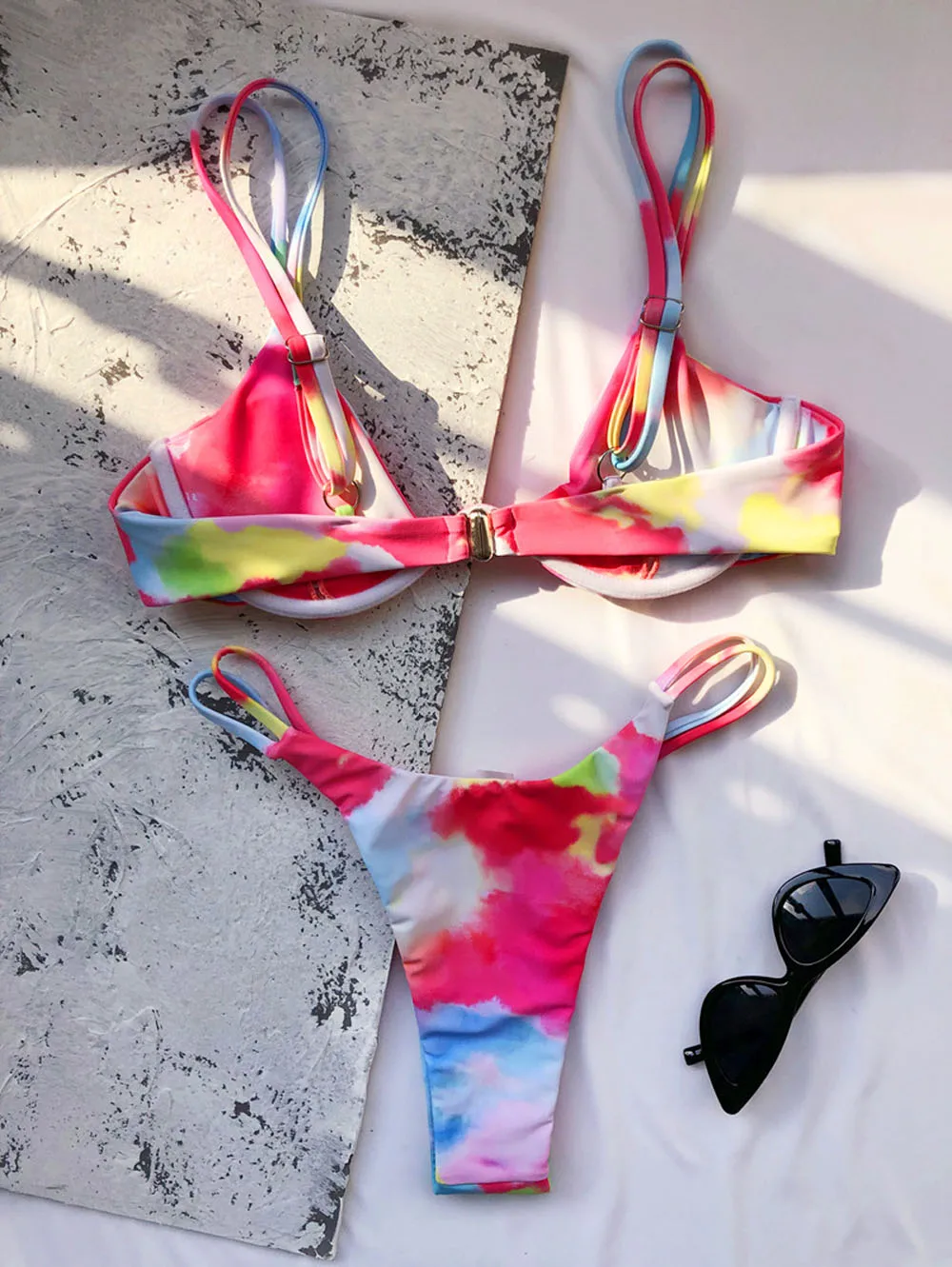 

Sexy Print V-bar Underwired Bikini Female Swimsuit Women Swimwear Push Up V shaped Wire Bikini set Scalloped Bathing Suit