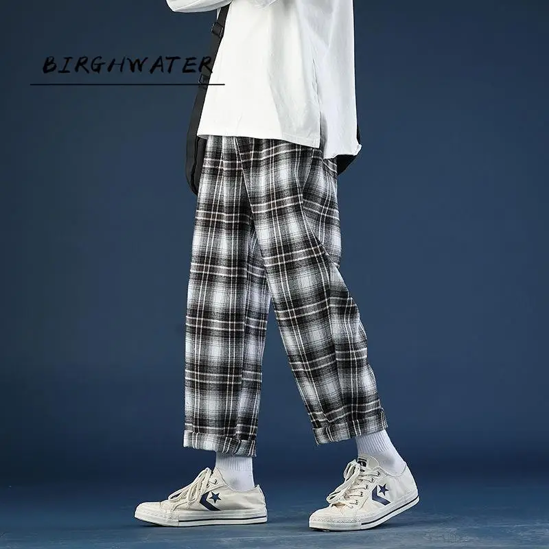 

Spring Summer Thin Plaid Pants Men's Fashion Retro Casual Pants Men Streetwear Wild Loose Drawstring Straight Trousers Mens