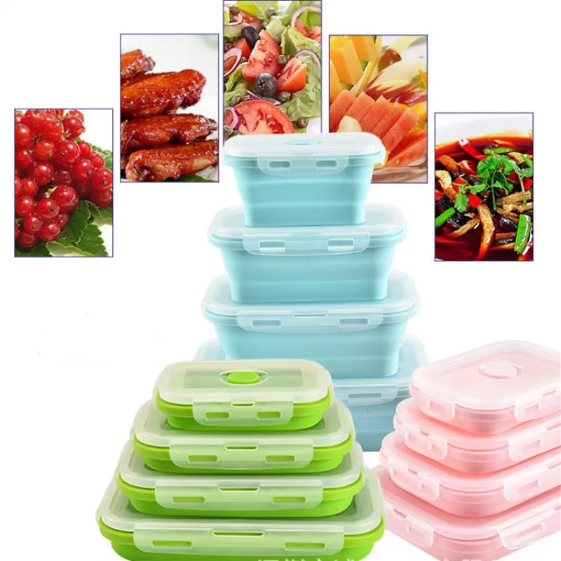 

collapsible Silicone Food Box Foldable Food Fruit Salad Storage Rectangle Bento