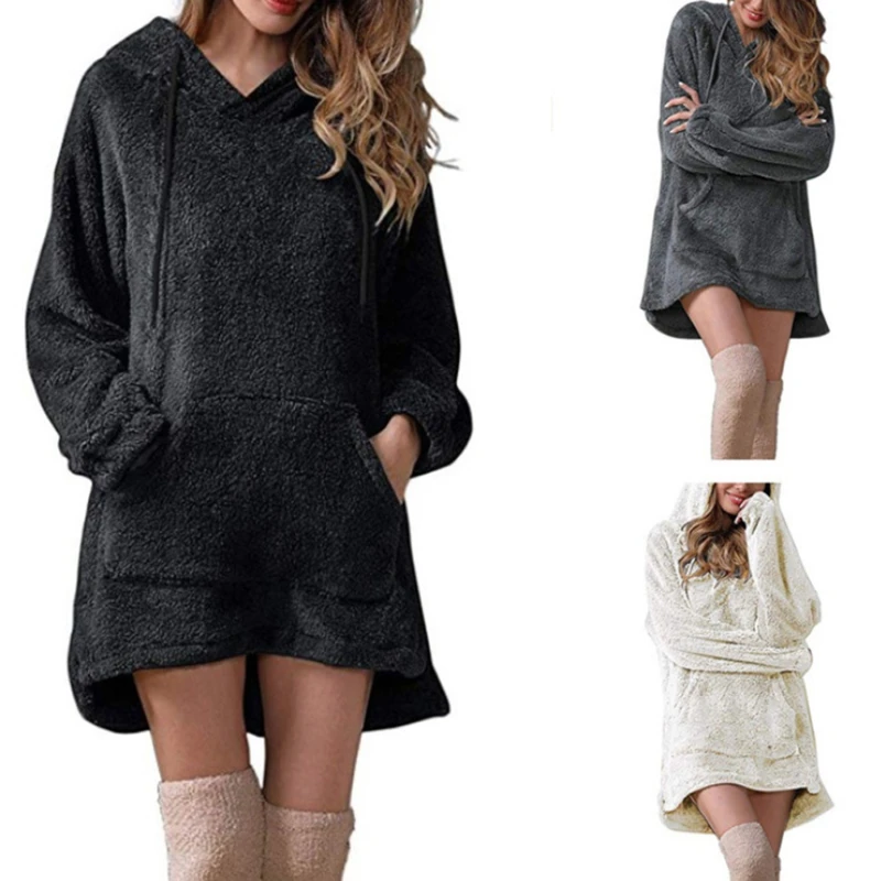 

Women Long Sleeve Plush Hoodies Autumn Warm Solid Fluffy Flannel Pullover Pajamas Loose Hoodie Tops