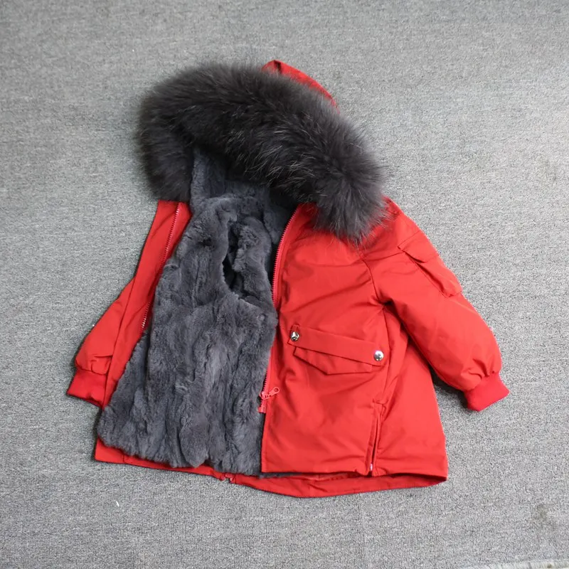red gray fur Для маленьких мальчиков детская зимняя куртка, детская куртка-пуховик для девочек зимняя куртка для детей в Зимняя куртка для девочек и мальчиков детские линией натурального меха кролика, парка, пальто - Цвет: red gray fur