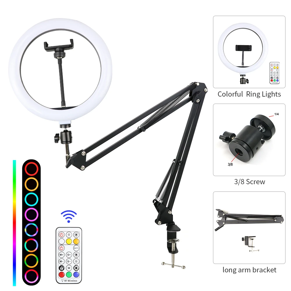 

Светодиодный кольцевой светильник, 10 дюймов, RGB лампа с длинным кронштейном для селфи, подходит для студийной видеосъемки, YouTube, прямых транс...