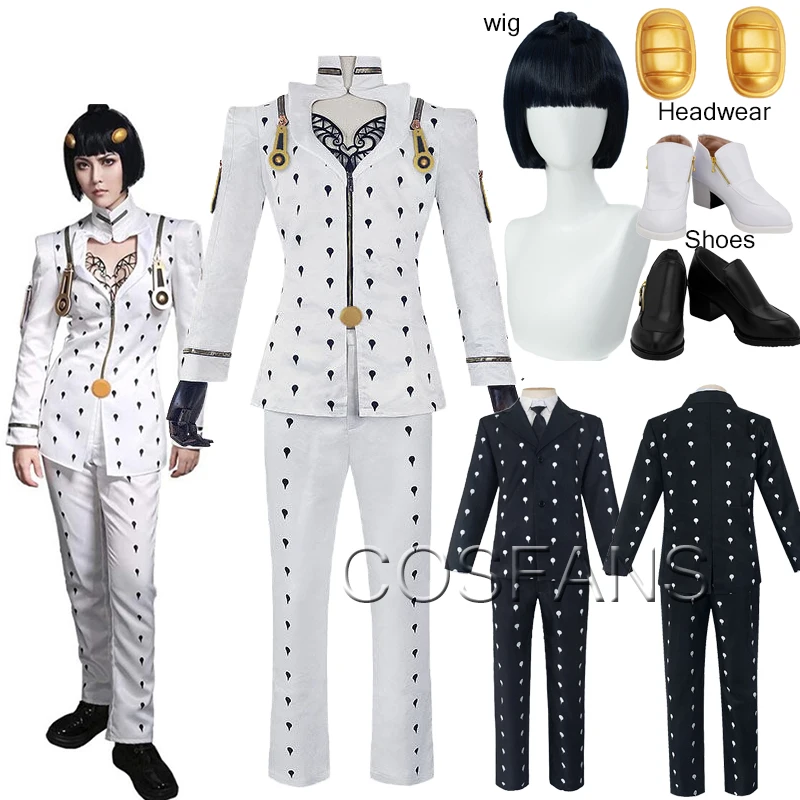 

Anime JoJos Bizarre Adventure Bruno Bucciarati Cosplay Costume Black White Suits Uniform Zentai Full Set Halloween wig shoes