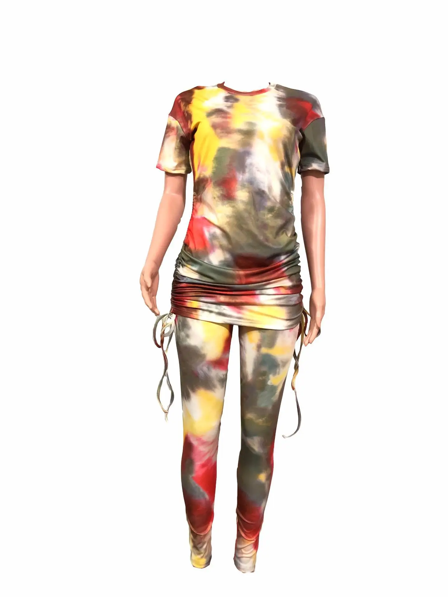 

2020 Summer Women Suit Hot Style Model Tie-dye Print Stacked Draped Ruched T-shirt& Trousers Two Piece Set