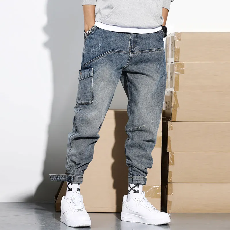 

Japanese Style Fashion Men Jeans Retro Blue Loose Fit High Quality Cargo Pants Harem Trousers Streetwear Hip Hop Jeans Men