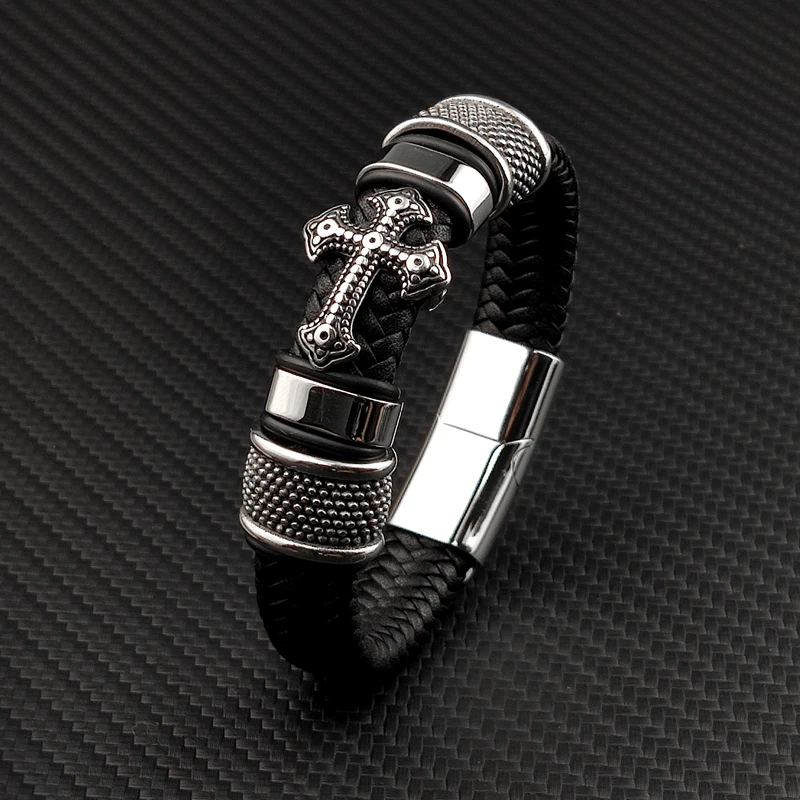

Punk MingAo Charm Stainless Steel Cross Leather Bracelet Man Charm 12*6 Black Woven Custom Name Bracelet Magnet Clasp Brown Gift