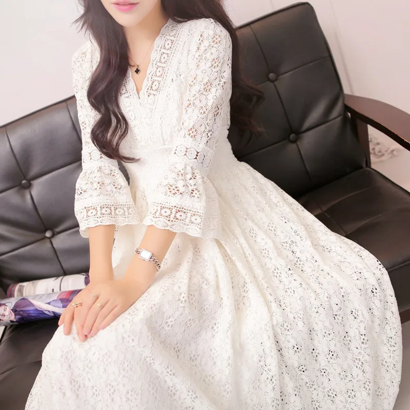 White 2106 Кружевное связанное крючком с цветами, v-образный вырез, платья для женщин, новинка, весна-лето, тонкое, Пляжное, праздничное, повседневное, ТРАПЕЦИЕВИДНОЕ, элегантные, вечерние, длинные платья - Цвет: White 2106