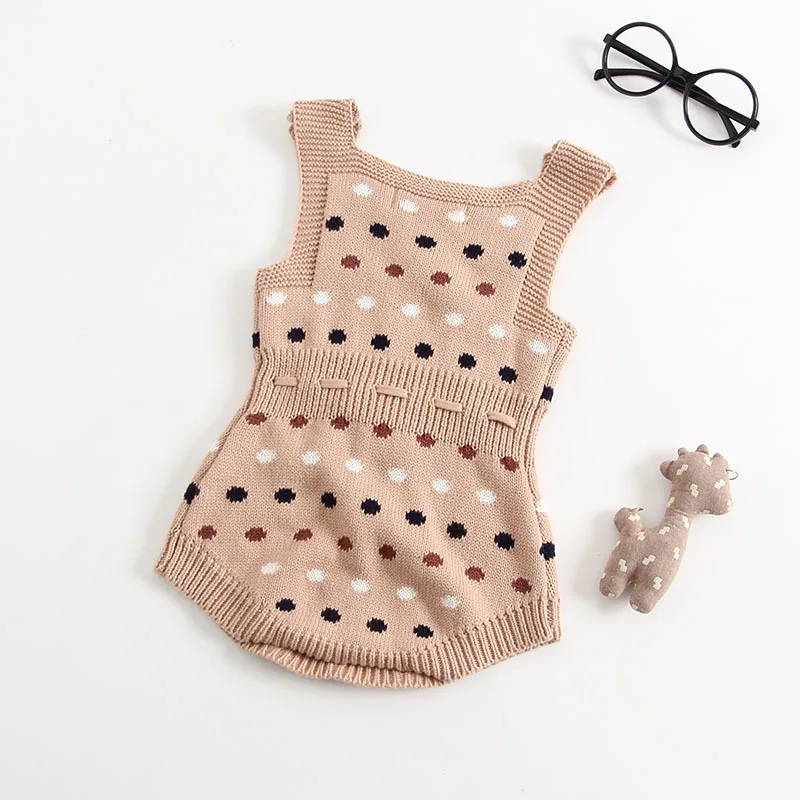 

Emmababy Girl baby Infant Sleeveless Romper Knitted Polka Dot Printing Drawstring Belt Cute Style Spring Winter Clothing