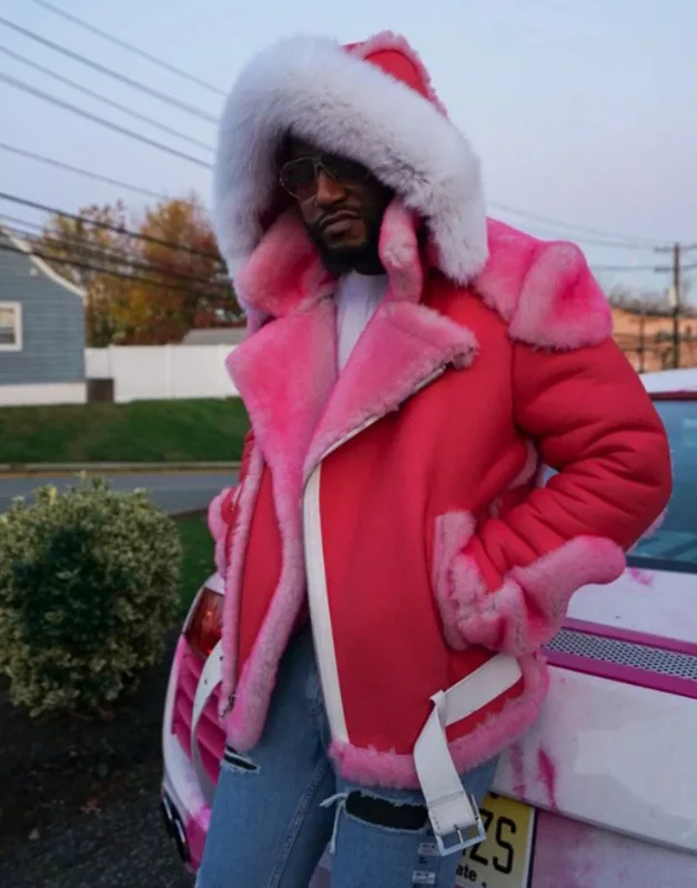 

winter men's leather coat Pink large fur collar hooded belt buckle Plush thickened warm jacket 2021