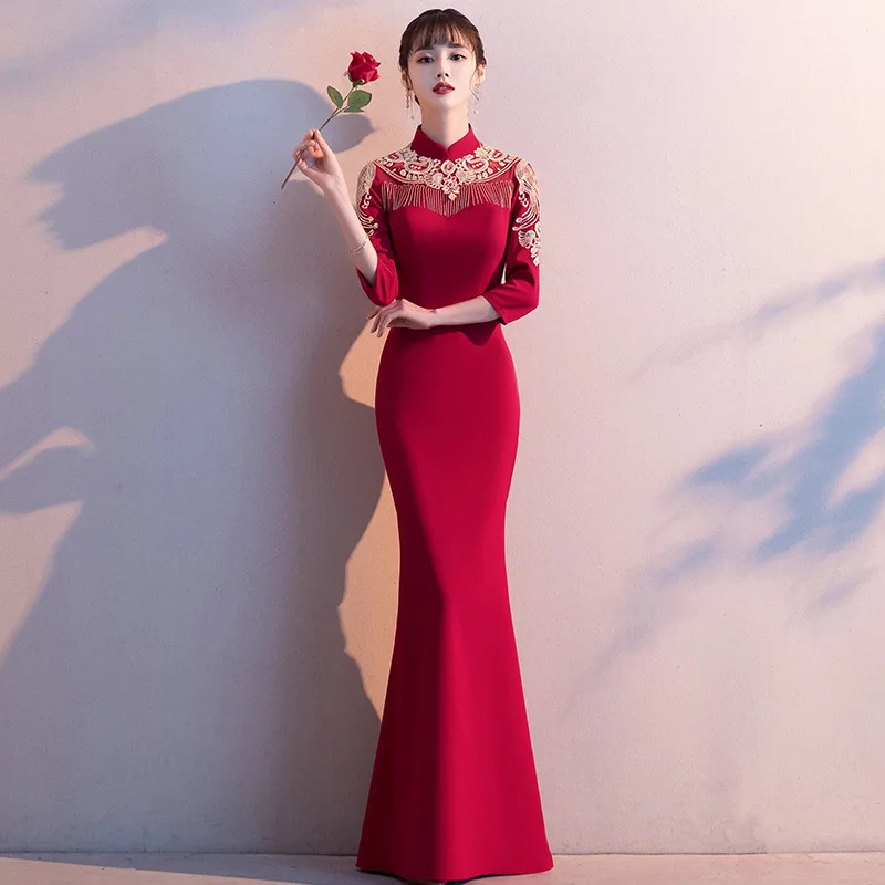 

Sexy Tassel Sequins Embroidered Dresses Elegant Prom Party Dresses Bridesmaid Wedding Dresses Cheongsam Robe de soiree