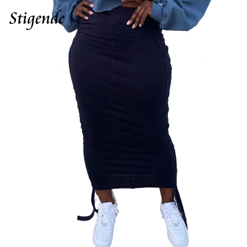 

Stigende Women Casual Navy Blue Drawstring Skirt Solid Color Bandage Ruched Skirt Ladies Lace Up Patchwork Long Maxi Skirt