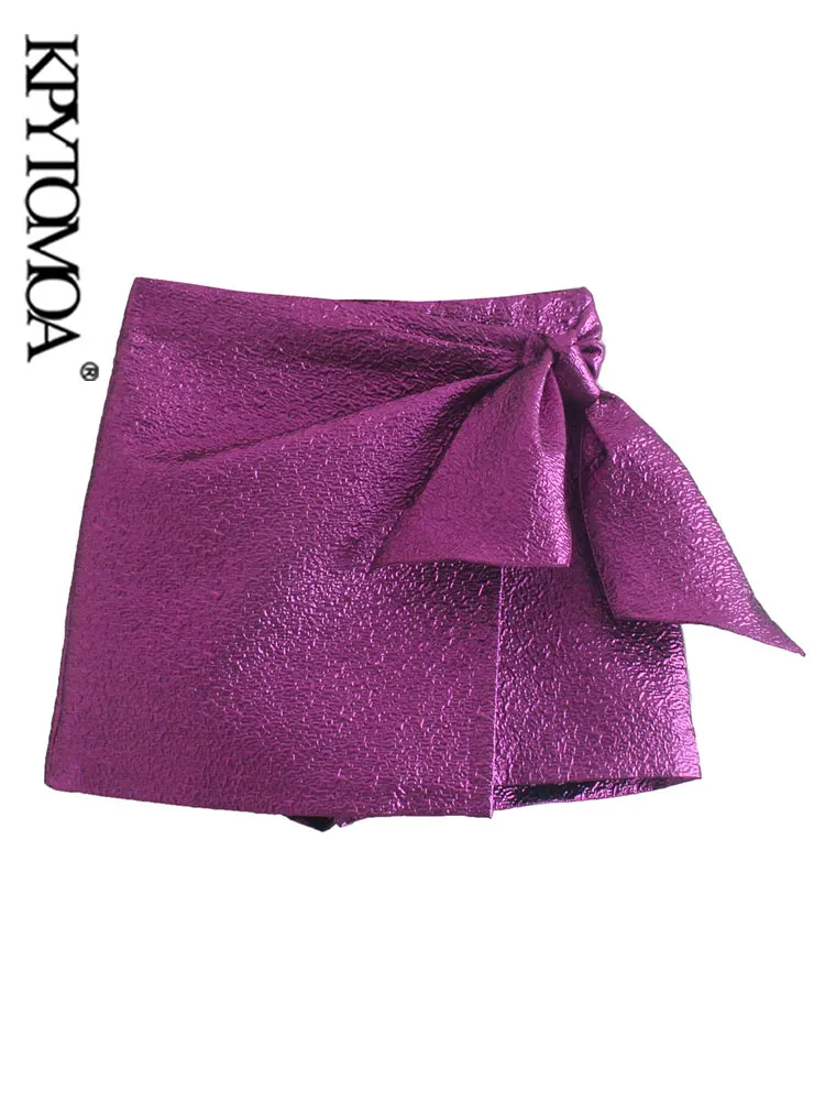 

KPYTOMOA Women Chic Fashion With Bow Tied Shorts Skirts Vintage High Waist Side Zipper Female Skort Mujer