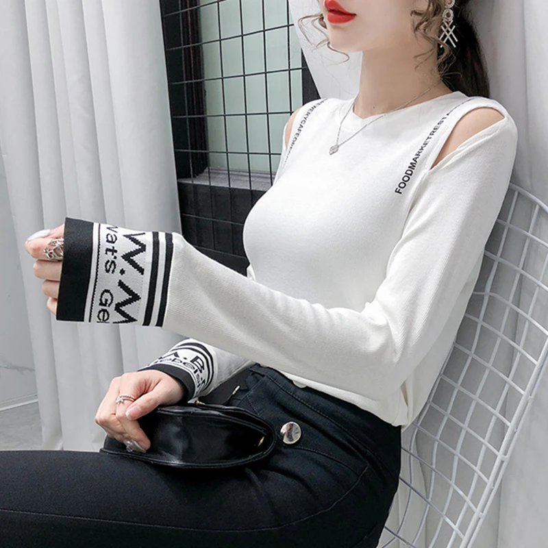 

Spring Fall Korean Style Cotton T-Shirt Girl Chic Sexy Hollow Out Women Tops Long Sleeve Patchwork Letter Slim Tees New T12810A