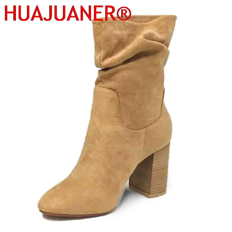 

Women Leapard Mid Calf Boots Woman Pleated Suede Square High Heel Autumn Winter Female Shoe 2022 Ladies Casual Footwear Big Size