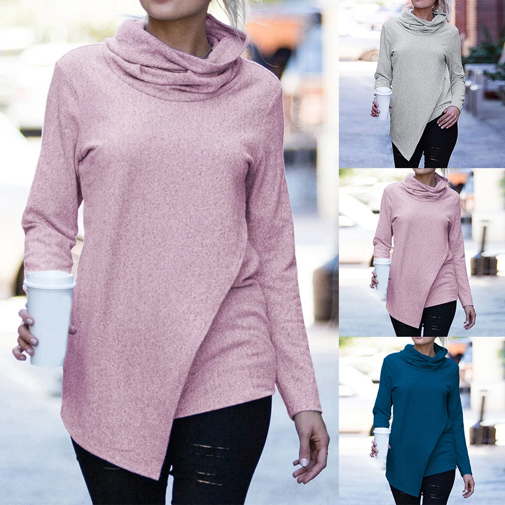 2019 Fashion Women Turtleneck Tees Autumn Korean Irregular Sweater Harajuku Style Tops Long Sleeve Solid Casual Female Knitwear | Женская