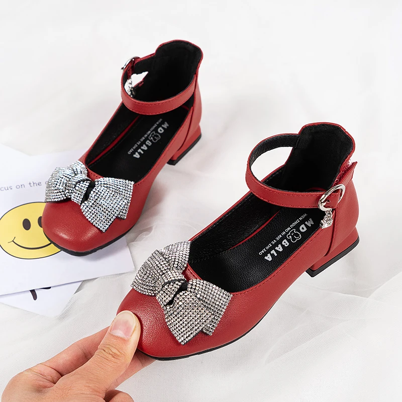 

Girls High Heels Medium Kids Children Performance Shoes Formal Leather Shoes Glitter Bow-knot Princess Sweet Chic Squre Heels