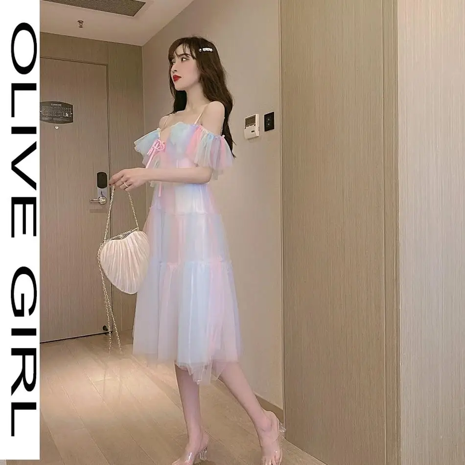 

Girl Lady 2021 Rainbow Fairy Dress Women Elegant Sweet Party Dress Casual Sexy Patchwork Lace Chiffon Kawaii Dress Summer New