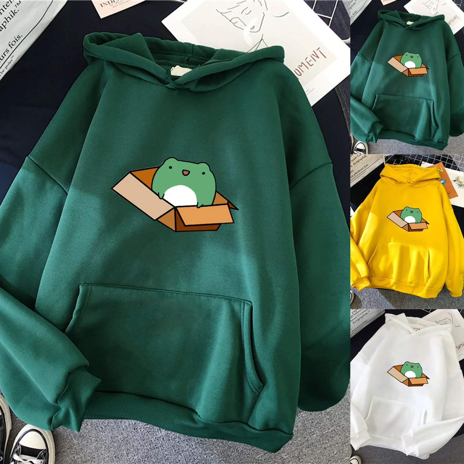 

Frog Box Printing Women Hoodie Fashion Cartoon Hoody Autumn Winter Fleece Student Loose Oversize Clothing Unisex Sweatshirts