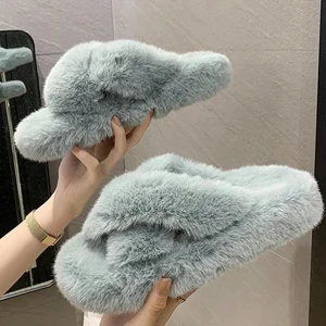 Women Flip Flop Shoes Home Bedroom Indoor Slides Warm Cross Faux Fur Platform Shoes Memory Foam Fluffy Plush Cotton Slippers