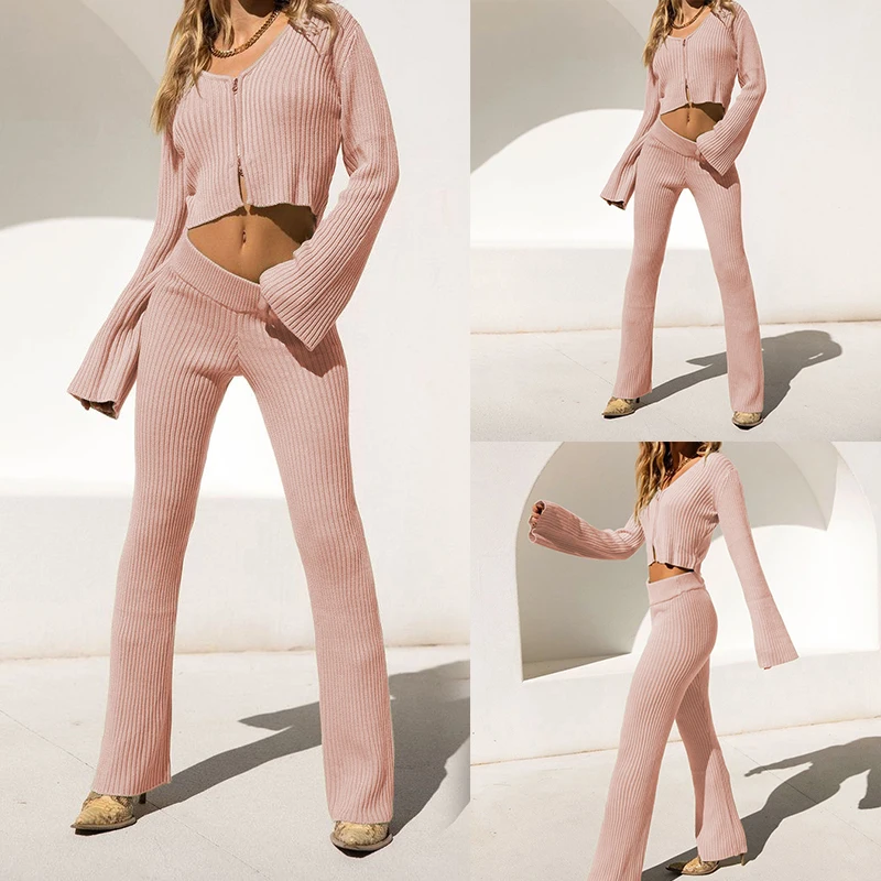 Two Piece Set Women's Cropped Shirt Knitting Pants Long Sleeve Zipper V-Collar Elastic Solid Top Sports Trousers Suit |