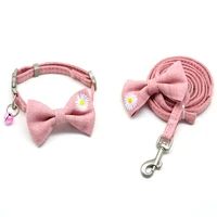 polyester solid color collar and leash set embroidery flower bow tie dog accessories for small and medium dogs cotton padded