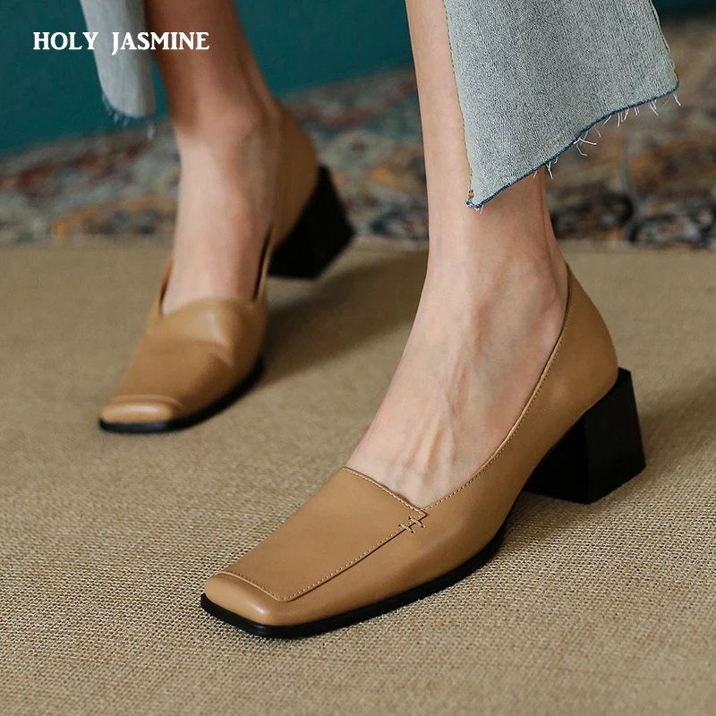 

2021 New Spring Summer Square Heels Pumps Women Wedding Office Square Toe Pumps Genuine Leather Concise Vintage Shoes Woman