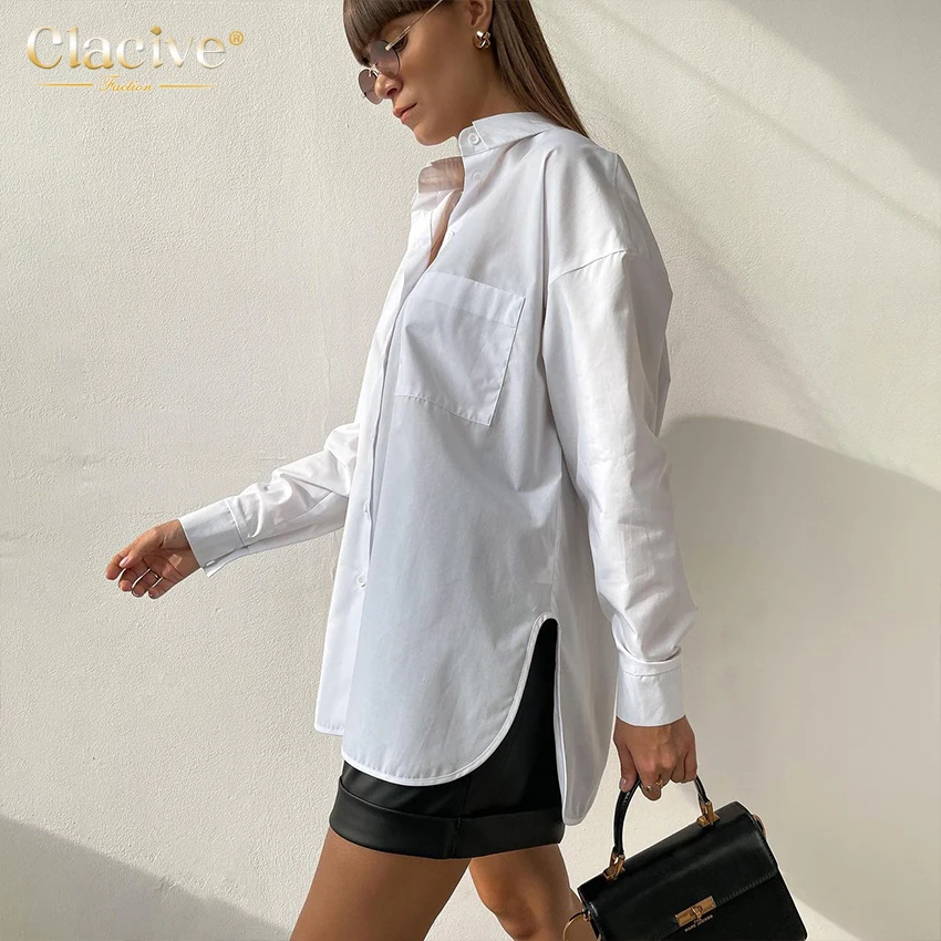 

Clacive White Lapel Fashion Women'S Shirt Autumn Winter Long Sleeve Office Top Female Casual Loose Pocket Blouses And Shirts