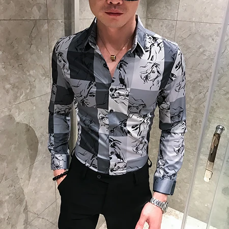Мужская модная эксклюзивная клетчатая рубашка с длинными рукавами, Повседневная рубашка с цветочным принтом, приталенные мужские рубашки с длинным рукавом - Цвет: Black White H493