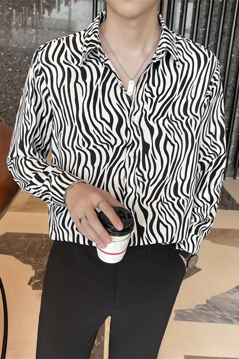 

Casual business shirt men turn-down collar slim shirt fashion men's top dress zebra print long-sleeve shirt men loose color matc
