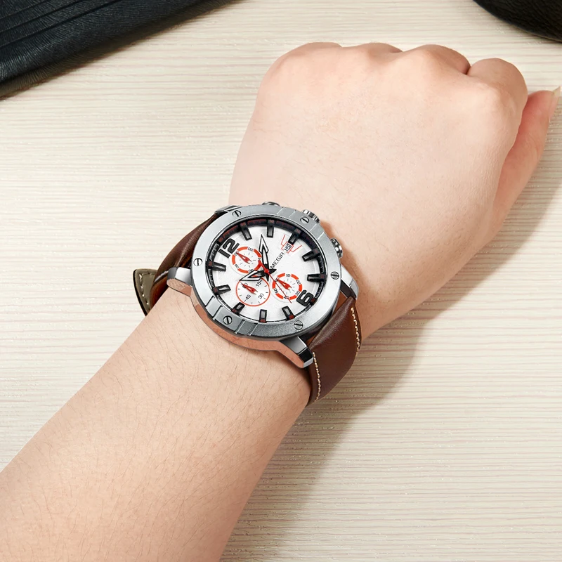 MEGIR Мужские часы с кожаным ремешком Топ бренд класса люкс водонепроницаемый