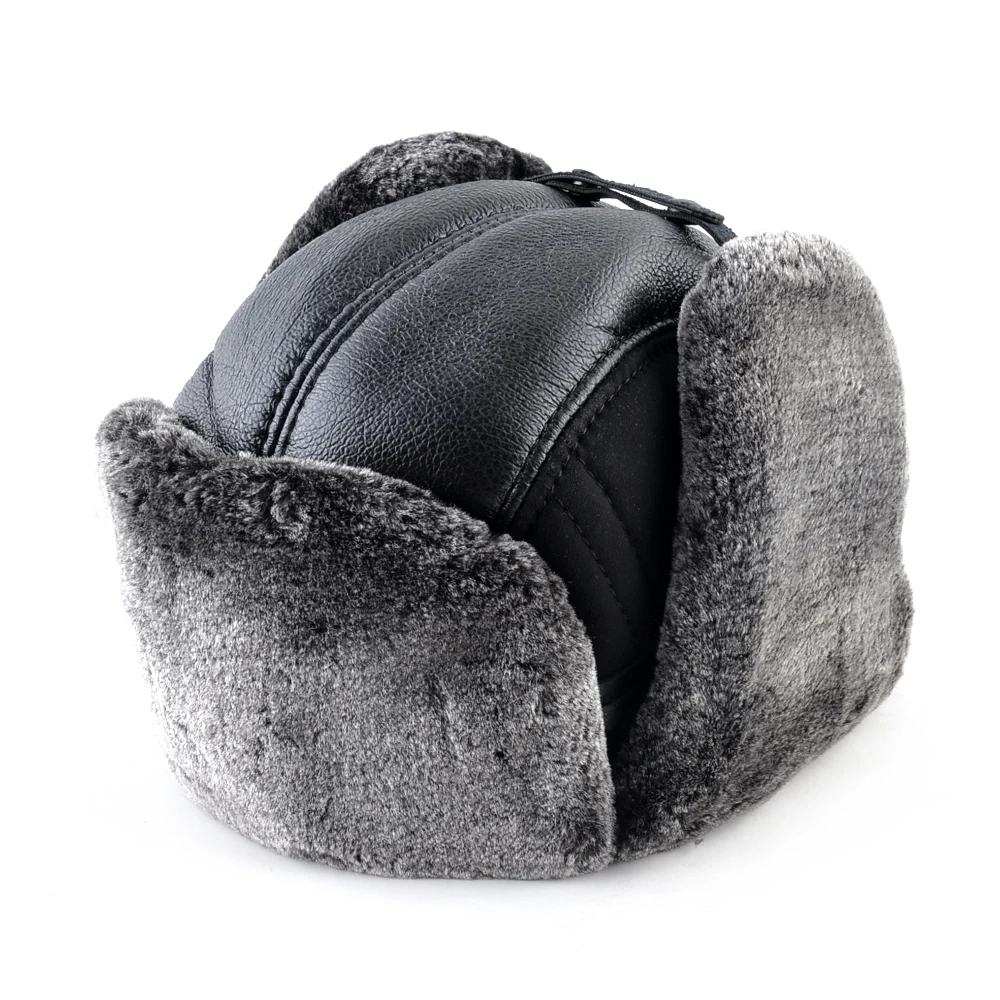 Зимняя теплая шапка с искусственным мехом Мужская однотонная бомбер ушами