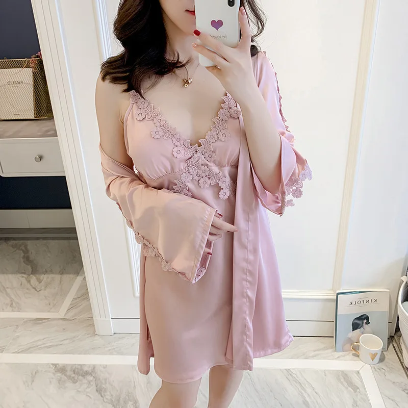 

Kimono Gown Sexy Robe Set Women 2PCS Sleepwear Satin Bathrobe Intimate Lingerie With Lace Bride Bridemaids Wedding Robe