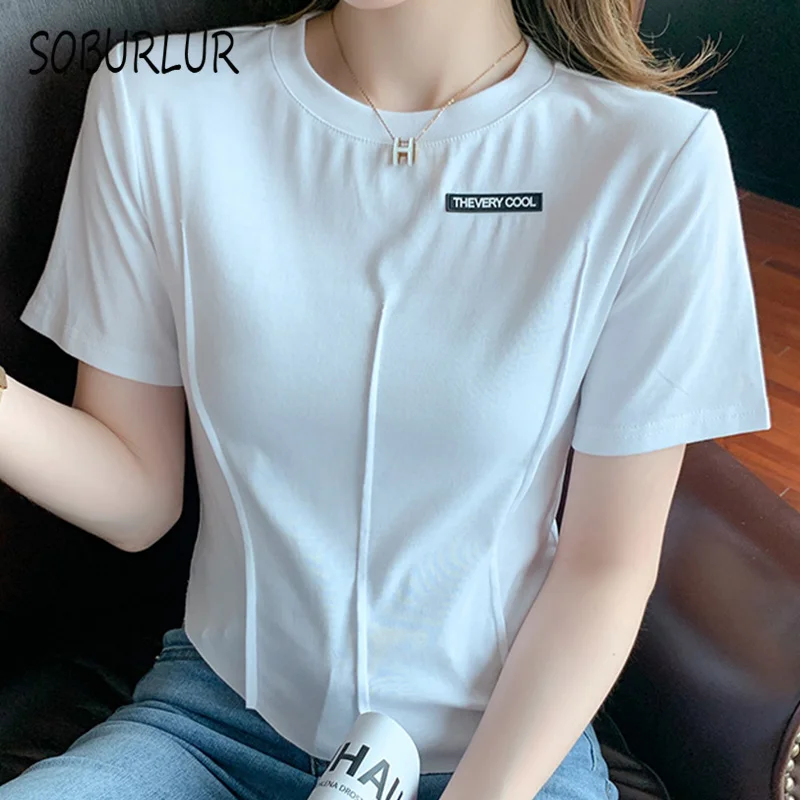 

SOBURLUR 2021 Summer New Oversize T shirt Woman Clothes Women's T-shirts Crop Tops Kawaii Short Top T-shirt FoldsO-neck Harajuku