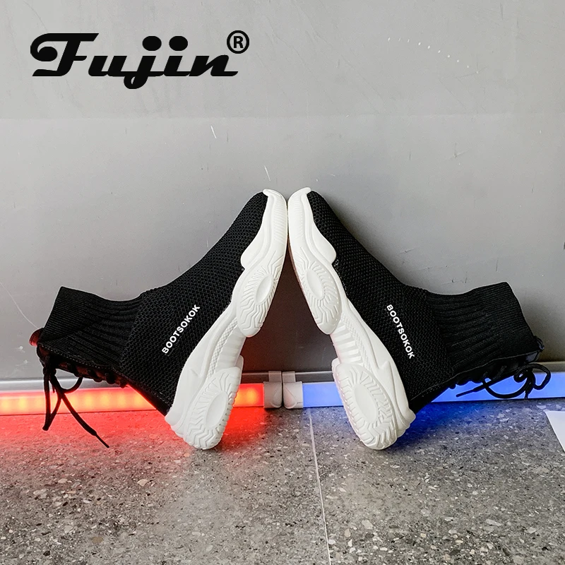 Fujin/женские ботинки Носки Дышащие вязаные Кроссовки Женская обувь на платформе