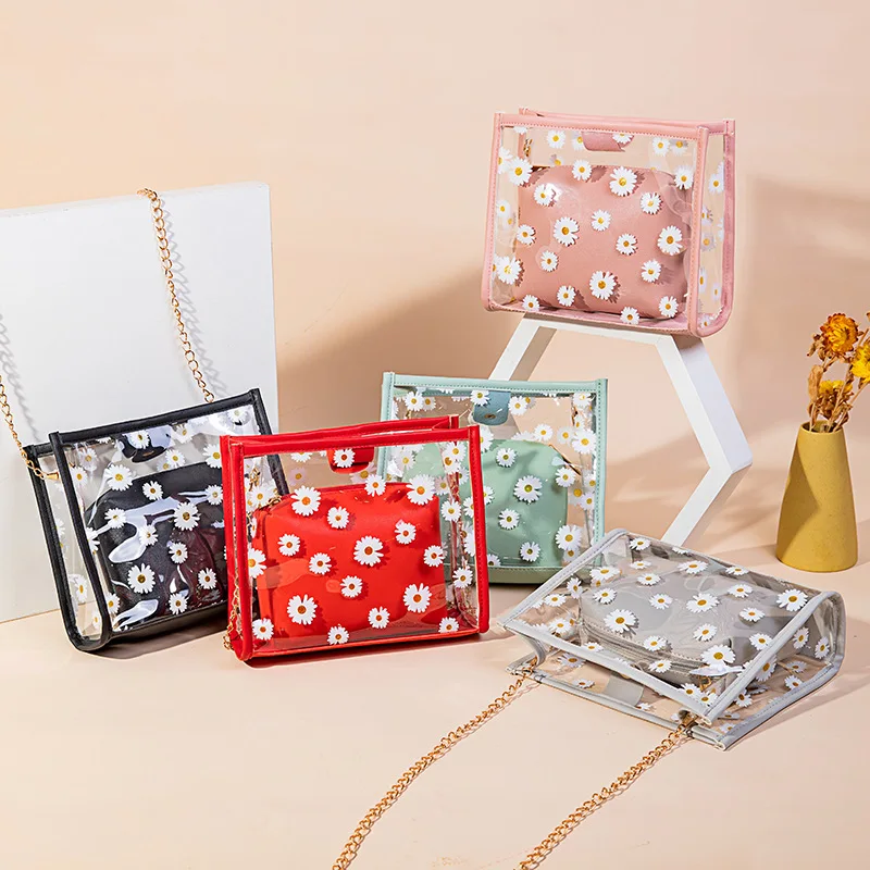 

Сумка на цепочке, сумка 2021, модная прозрачная сумка с цветочным принтом, яркая универсальная сумка-мессенджер на одно плечо