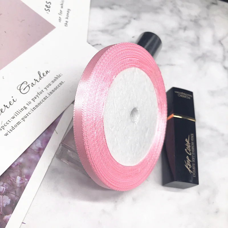 pink HINDJEF 6 мм 25 ярдов Розовый Шелковый Атласный органза полиэстер лента для шитья Свадебная вечеринка ручной работы украшения тесьма подарочная упаковка - Цвет: pink