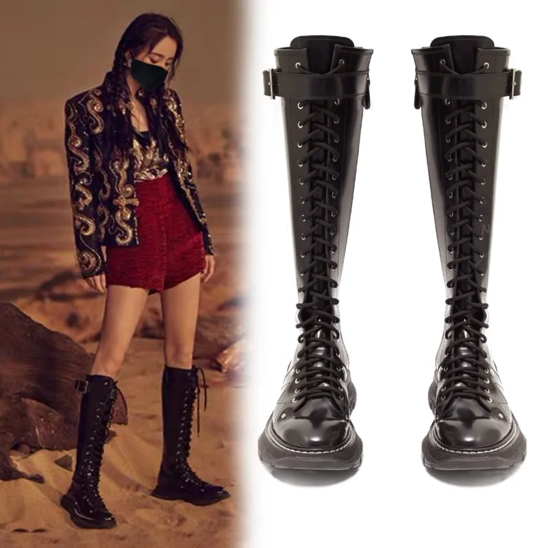 Дизайнерские Сапоги до колена из натуральной кожи на плоской подошве с круглым