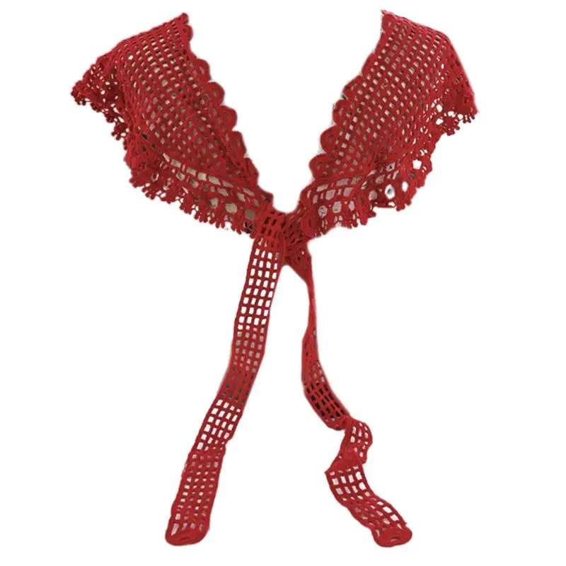 Ажурный вязаный шарф в сетку однотонный кружевной воротник с цветочной вышивкой