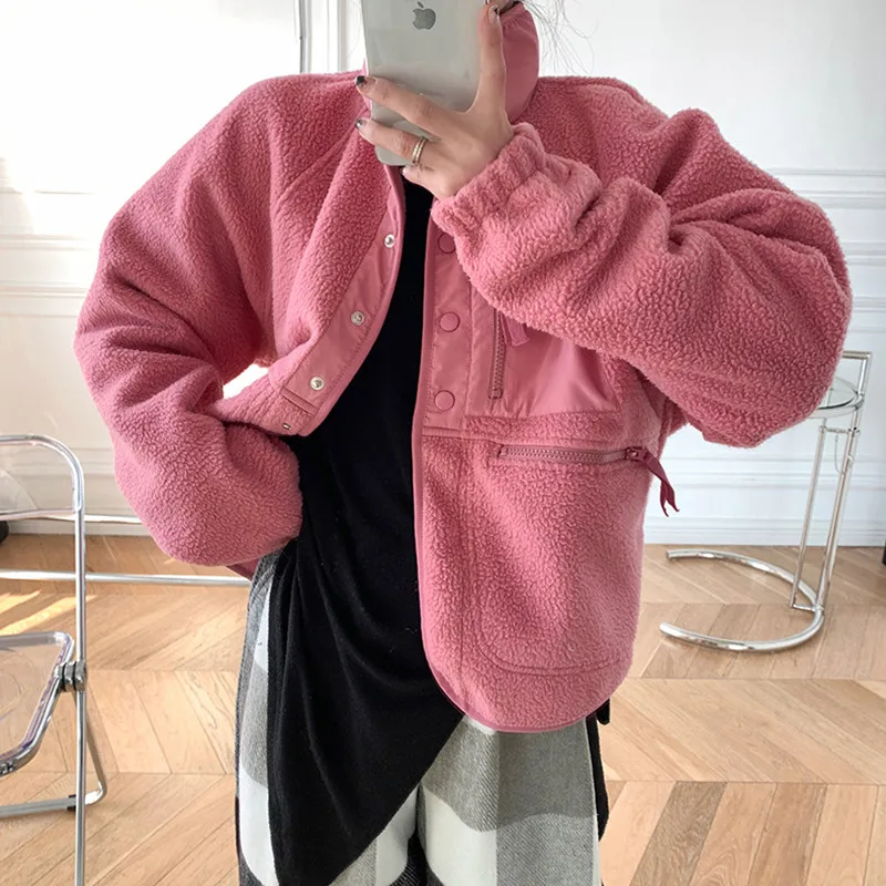 

Autumn Pink Polar Fleece Jacket Ladies Outer Thin Top Casual Outerwear Pink Solid Short Turtleneck Jacket