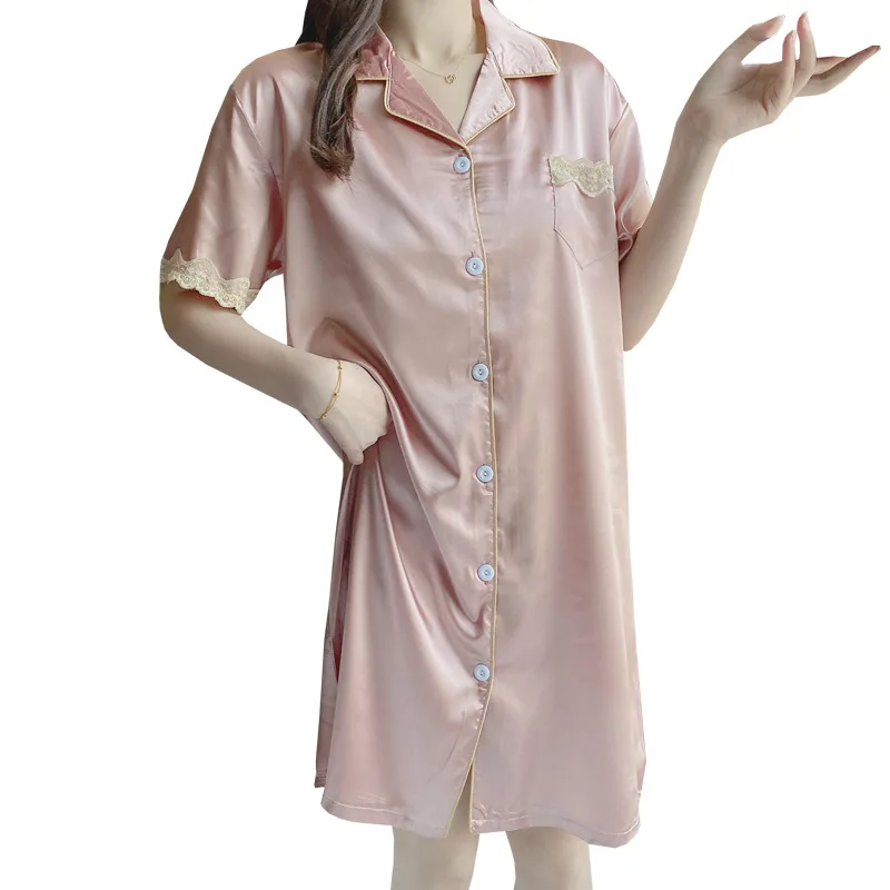 2021 New Nightdress Women's Summer Ice Thin Short Sleeve Cardigan Lace Sexy Nightgown Home Clothes Female Sleepwear Nightwear
